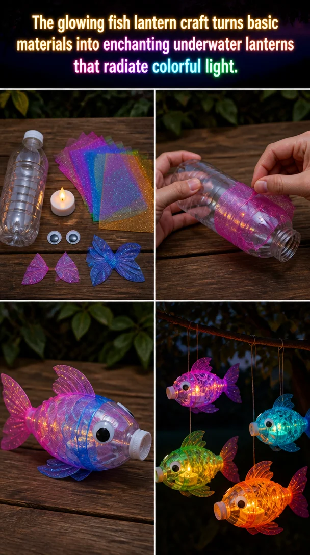 Colorful fish lantern craft, made from basic materials, glowing in the dark.