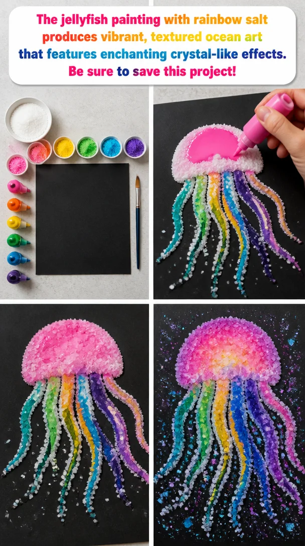Vibrant jellyfish painting with rainbow salt, showcasing textured ocean art effects.