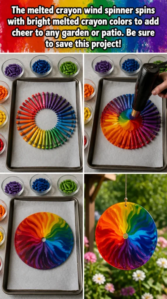Colorful melted crayon wind spinner turning in the garden reflecting bright hues.