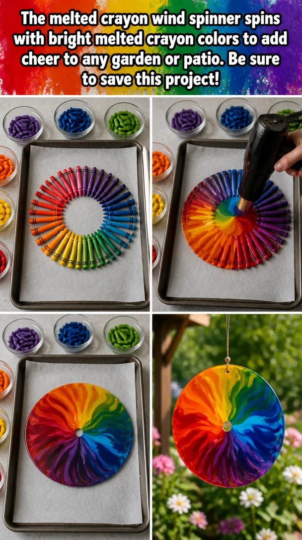 Colorful melted crayon wind spinner turning in the garden reflecting bright hues.
