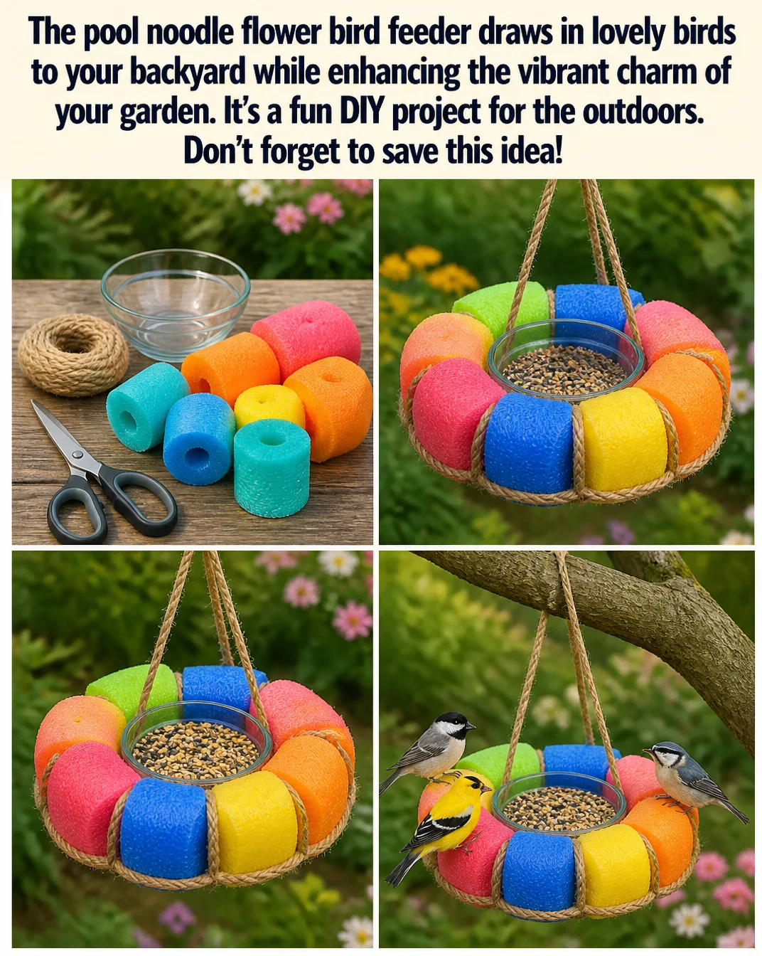 DIY pool noodle flower bird feeder enhancing garden charm and attracting birds