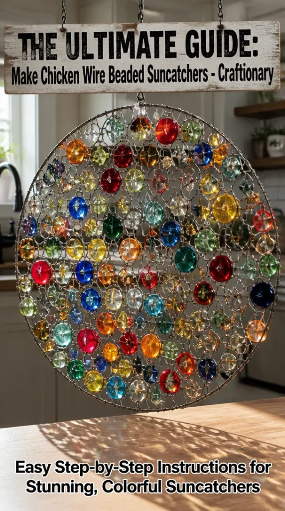 Beautiful chicken wire beaded suncatchers hanging in sunlight.