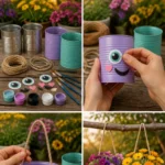 Whimsical hanging tin can flower planters in a vibrant garden setting.