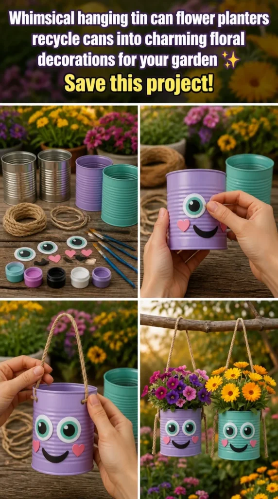 Whimsical hanging tin can flower planters in a vibrant garden setting.