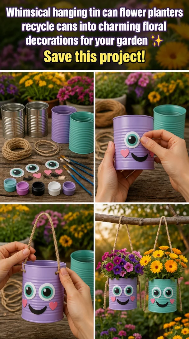 Whimsical hanging tin can flower planters in a vibrant garden setting.