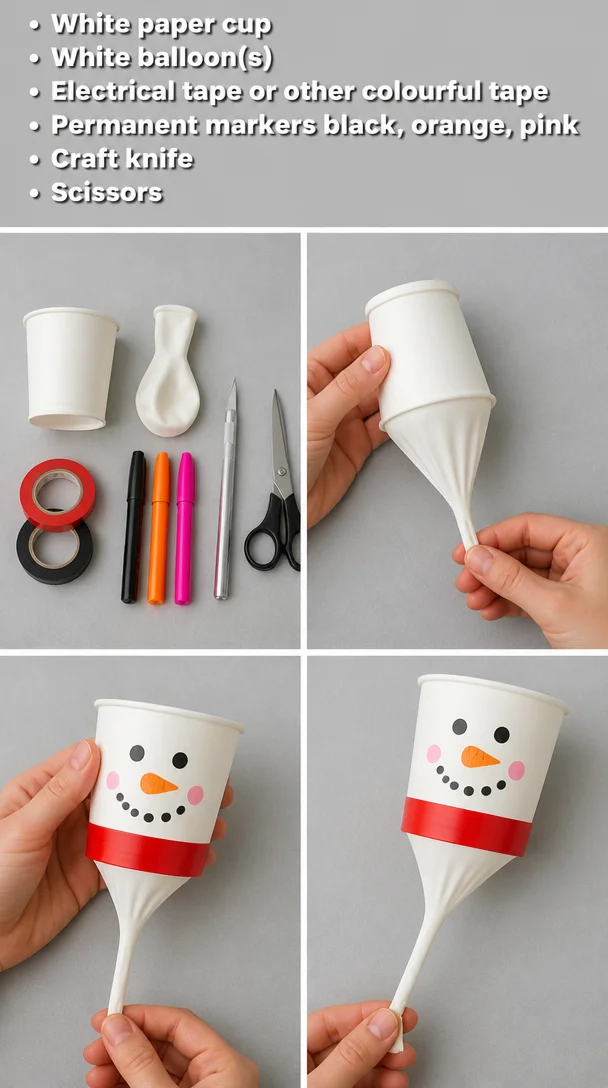 Essential crafting supplies including white paper cup, colorful tape, and markers.