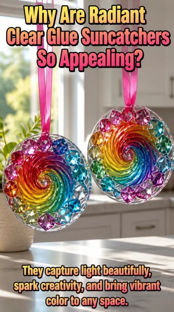 Colorful radiant clear glue suncatchers catching sunlight in a window