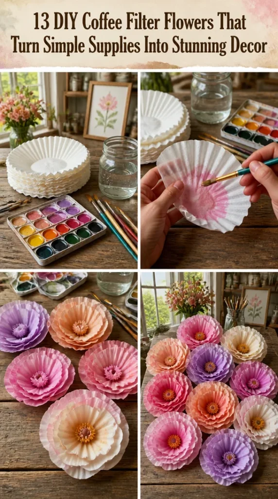 Colorful DIY coffee filter flowers for creative home decor.