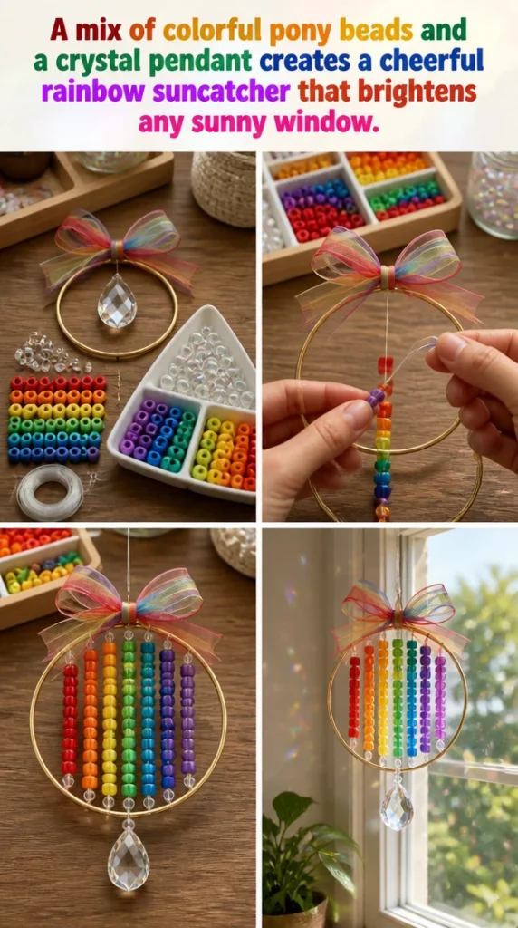 Colorful rainbow suncatcher with pony beads and crystal pendant hanging in a sunny window