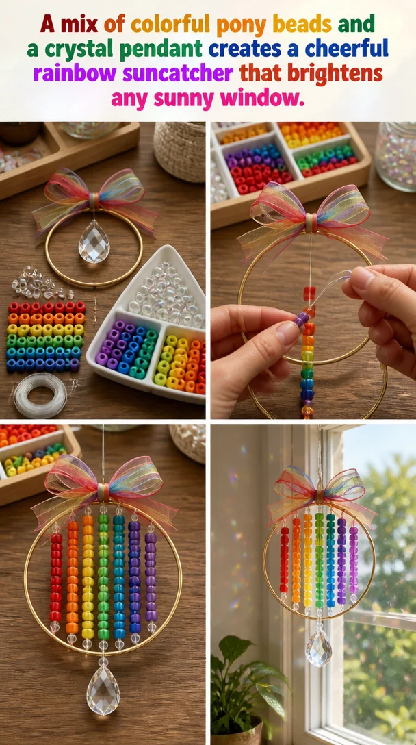 Colorful rainbow suncatcher with pony beads and crystal pendant hanging in a sunny window