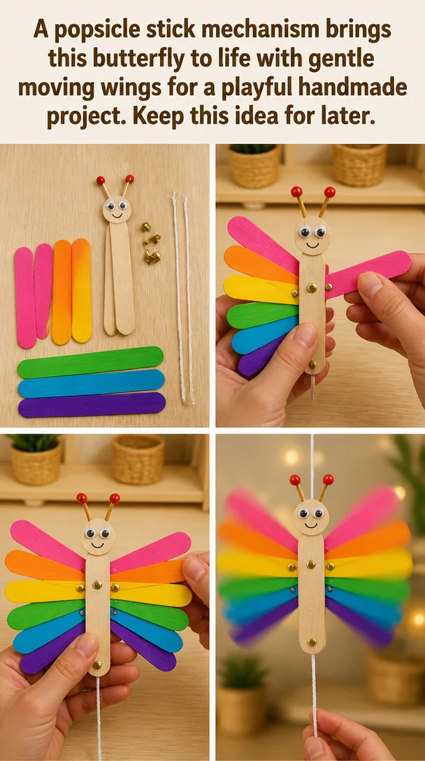 Popsicle stick mechanism butterfly with gently moving wings in a playful design.