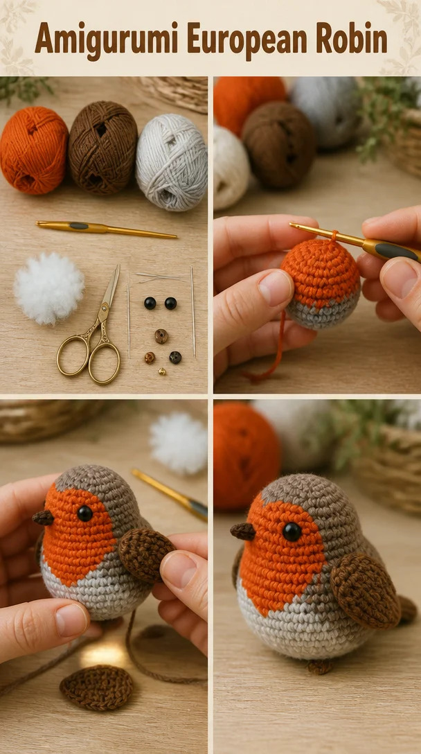 Handmade Amigurumi European Robin figurine in colorful yarn
