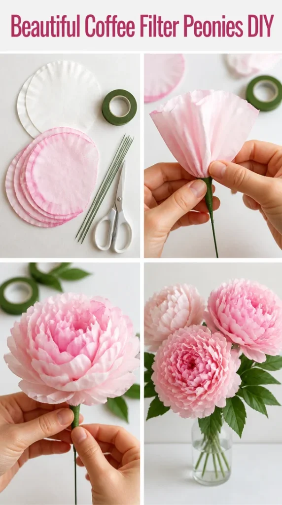 DIY coffee filter peonies in various colors for beautiful home decor