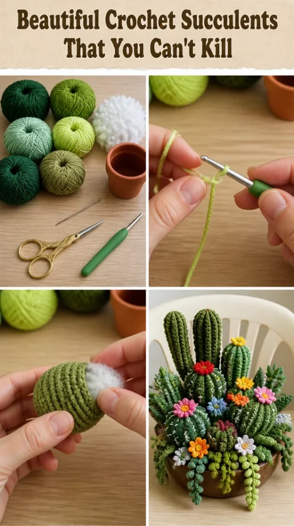 Colorful crochet succulents on display as beautiful, low-maintenance decor.
