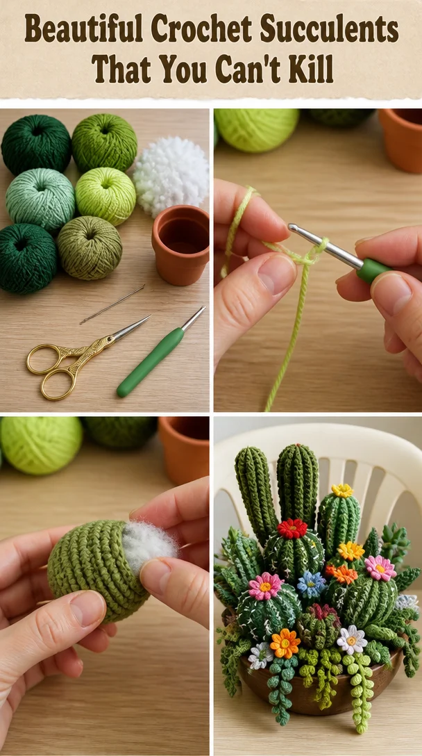 Colorful crochet succulents on display as beautiful, low-maintenance decor.
