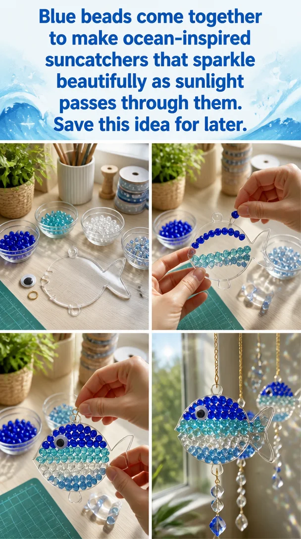 Ocean-inspired suncatcher made of blue beads sparkling in sunlight