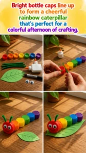 Bright bottle caps line up to form a cheerful rainbow…