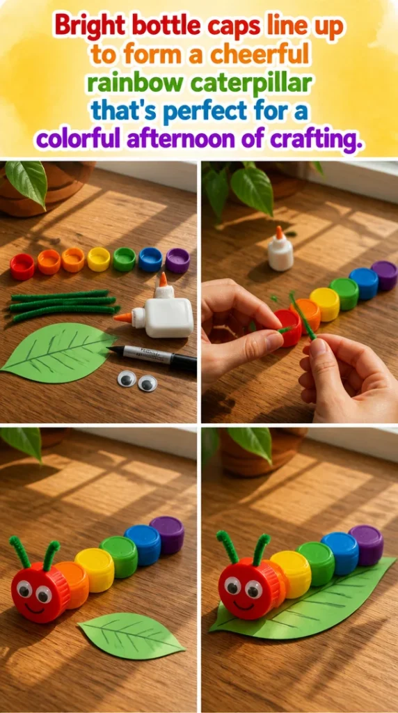 Colorful rainbow caterpillar made of bright bottle caps for crafts
