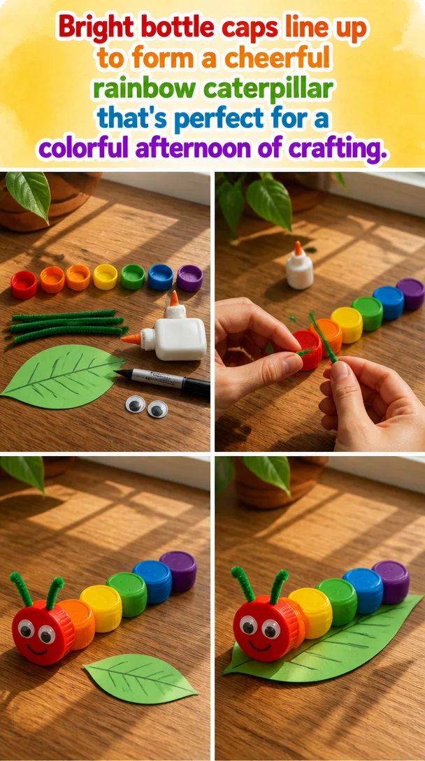 Colorful rainbow caterpillar made of bright bottle caps for crafts