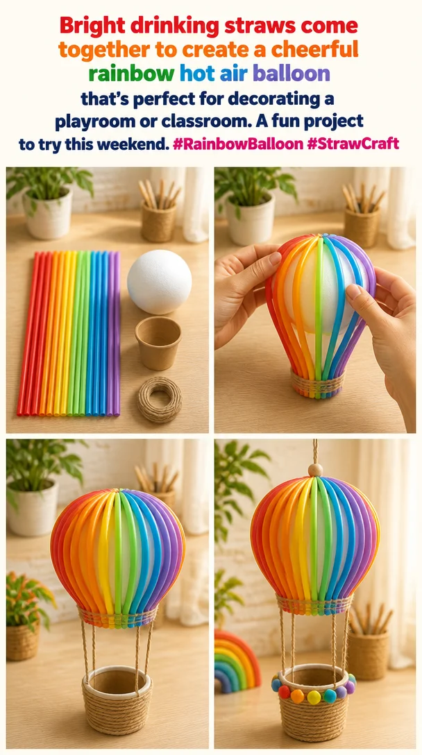 Colorful rainbow balloon made from bright drinking straws, ideal for decorating playrooms.