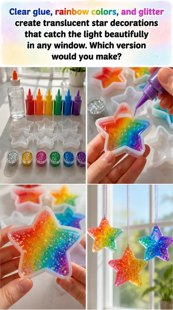 Translucent star decorations made with clear glue and glitter, reflecting light beautifully.