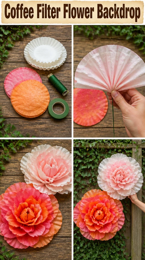 Colorful coffee filter flower backdrop for event decoration.