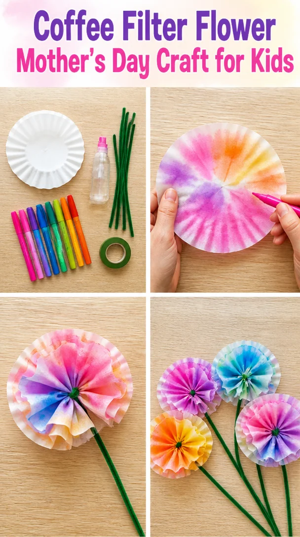 Kids crafting coffee filter flowers for Mother's Day celebration.
