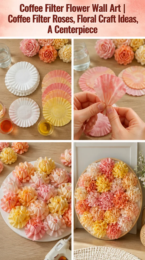 Colorful coffee filter flower wall art featuring handmade roses for decor.