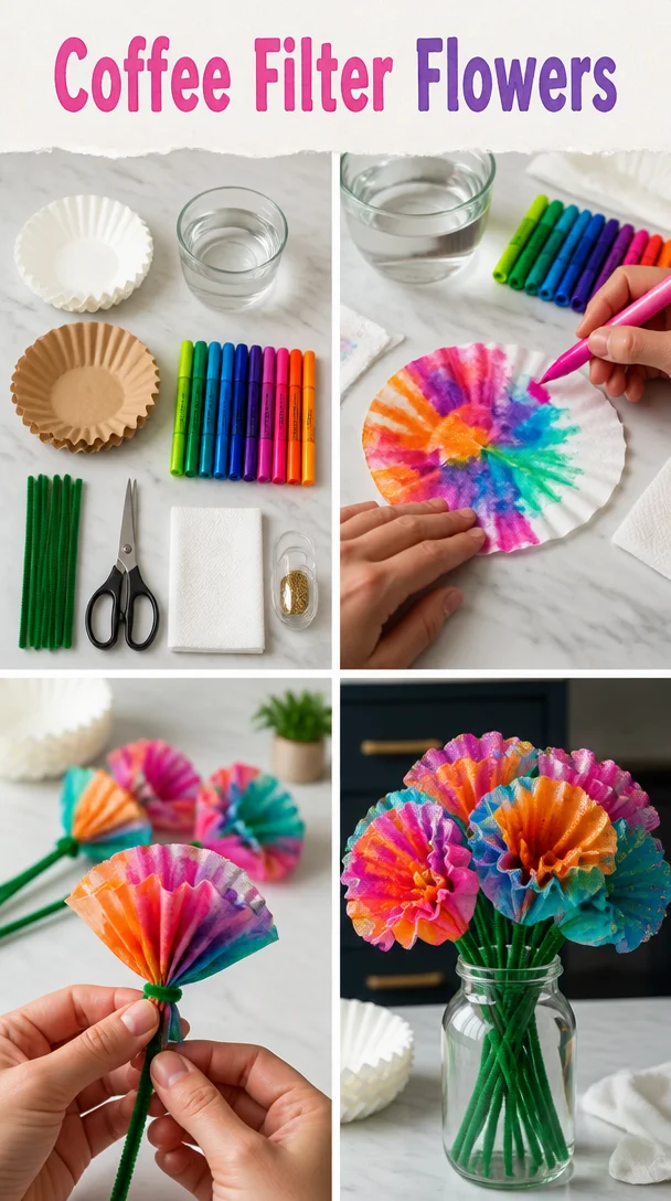 Colorful coffee filter flowers made from dyed coffee filters for DIY crafts