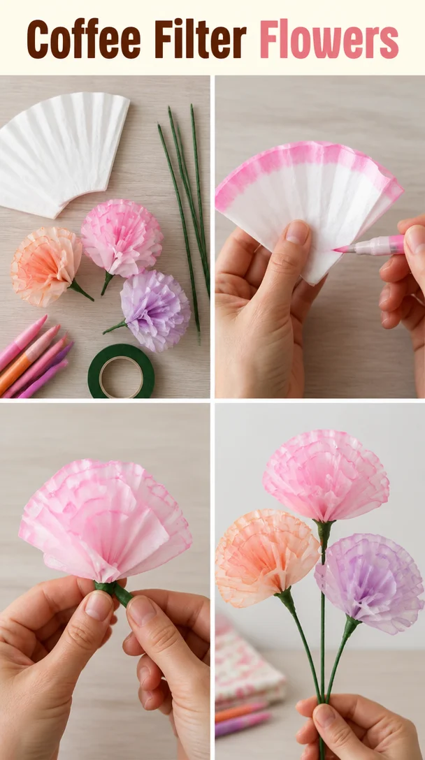Colorful coffee filter flowers arranged in a decorative vase