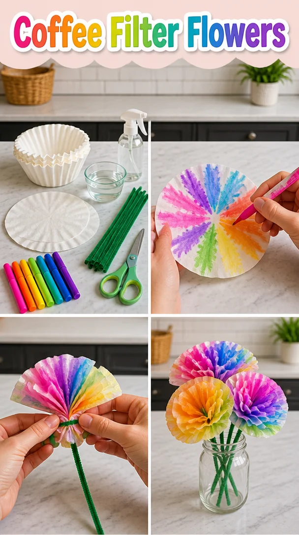 Colorful coffee filter flowers crafted for home decor or gifts.
