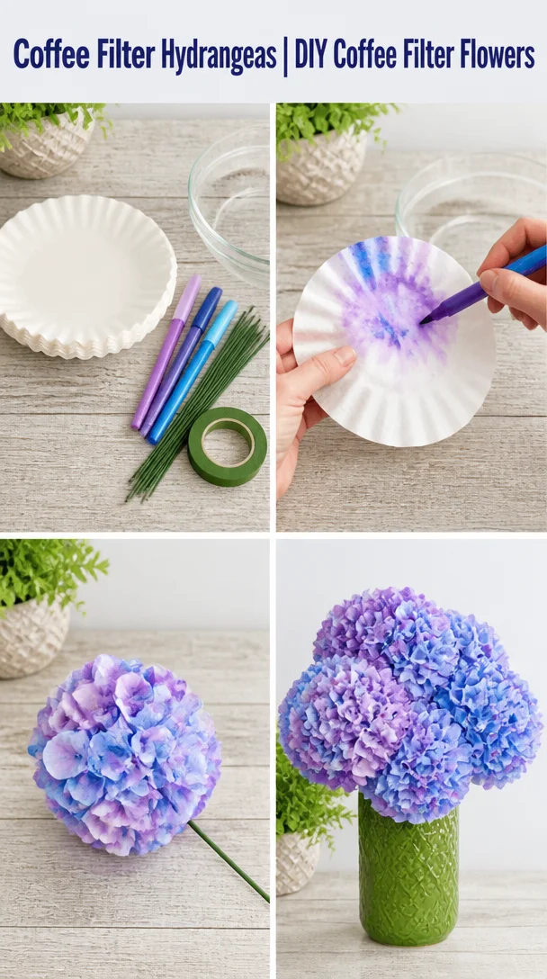 DIY coffee filter hydrangeas arranged in a vase for floral decoration