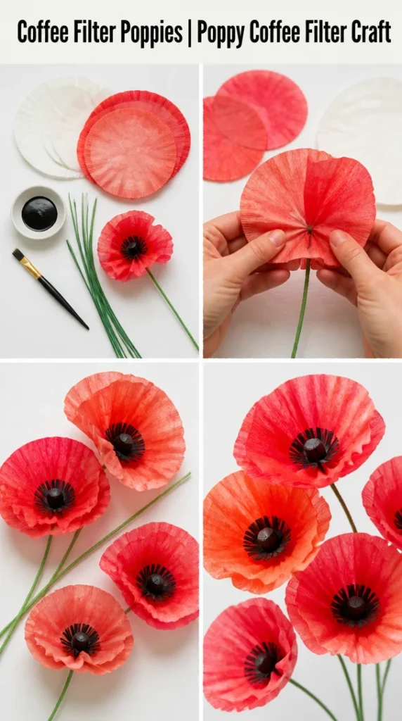 DIY coffee filter poppies craft project with colorful flowers.