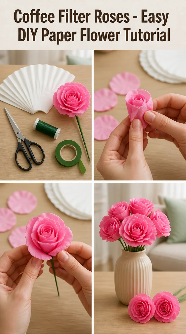 DIY coffee filter roses paper flower tutorial for beautiful decorations