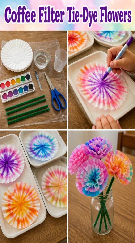 Colorful coffee filter tie-dye flowers for DIY decoration