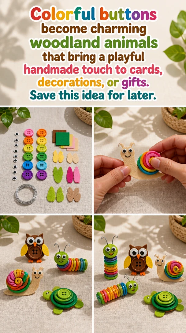 Handmade woodland animals created from colorful buttons for cards and decorations