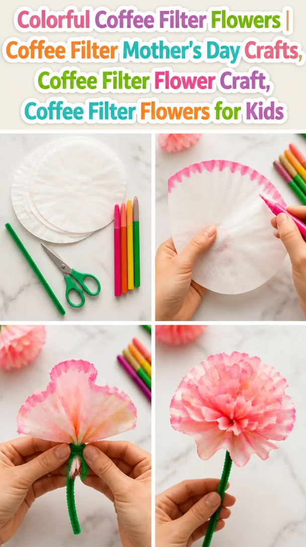 Beautiful colorful coffee filter flowers made for Mother's Day crafts