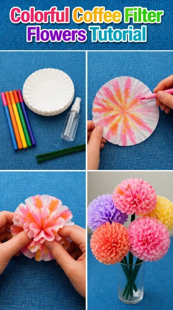 Colorful coffee filter flowers made in a fun crafting tutorial for kids.