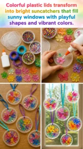 Colorful plastic lids transform into bright suncatchers that fill sunny&hellip;