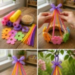Colorful flower bird feeder made of pool noodles and foam petals in a garden.