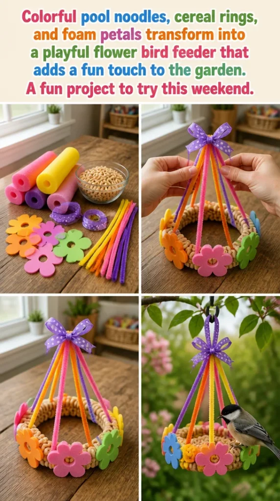 Colorful flower bird feeder made of pool noodles and foam petals in a garden.