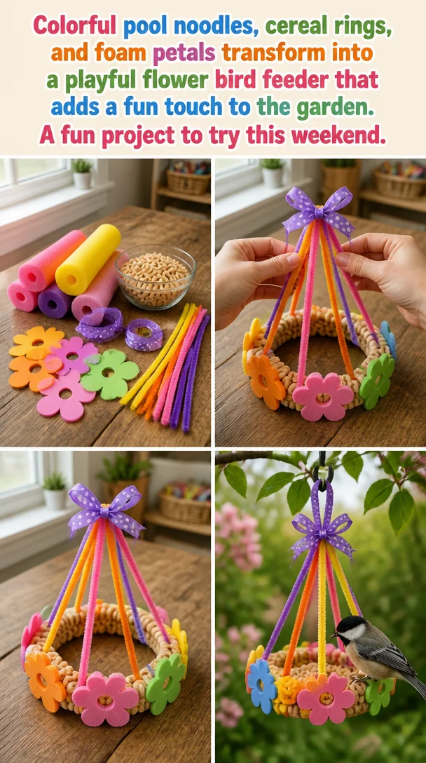 Colorful flower bird feeder made of pool noodles and foam petals in a garden.