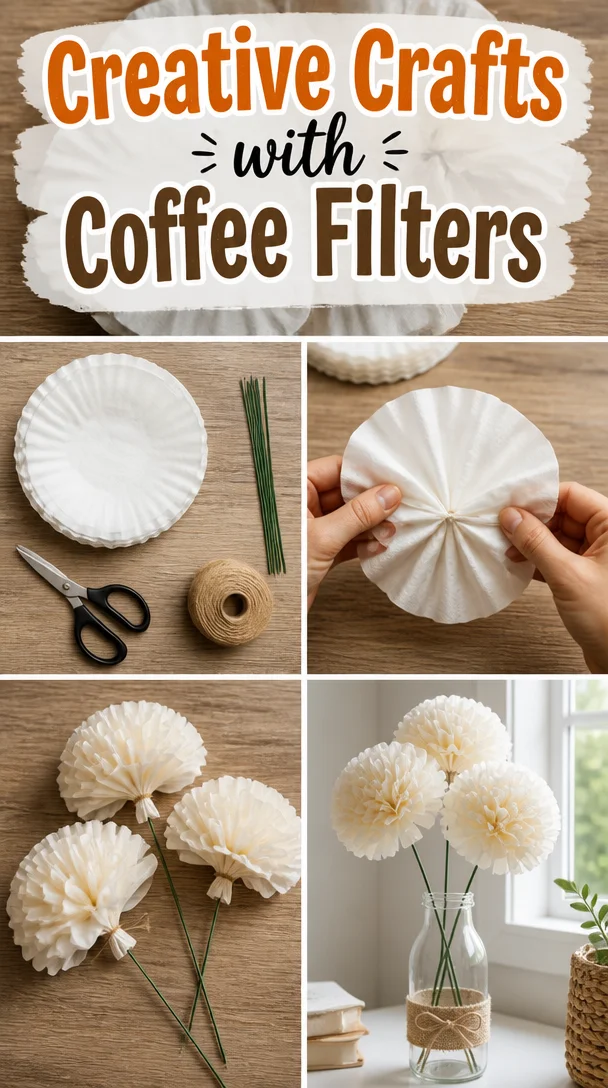 Colorful and creative crafts made from coffee filters for DIY projects.