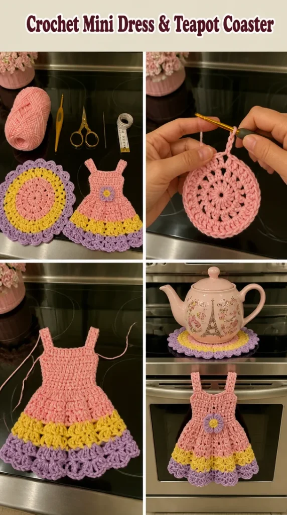 Chic crochet mini dress displayed alongside a decorative teapot coaster.