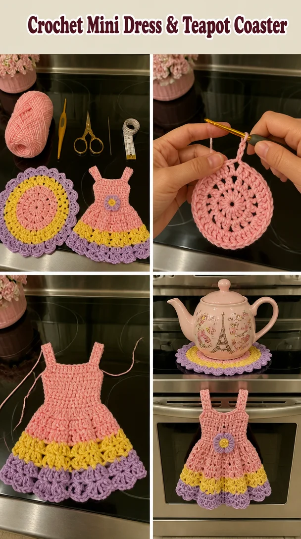 Chic crochet mini dress displayed alongside a decorative teapot coaster.