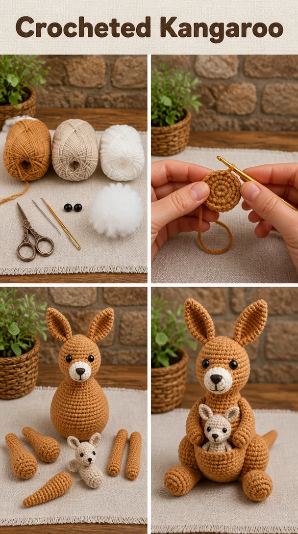 Adorable crocheted kangaroo plush toy