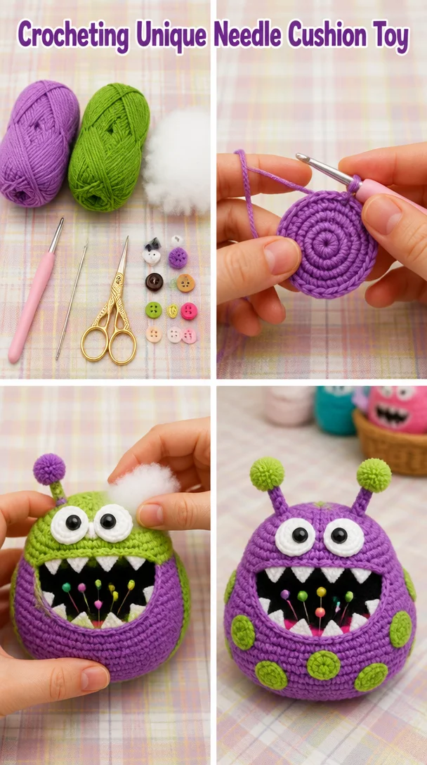 Unique crocheted needle cushion toy for sewing organization