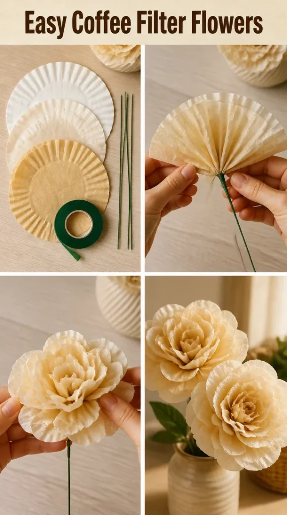 Handmade coffee filter flowers in various colors displayed on a table.