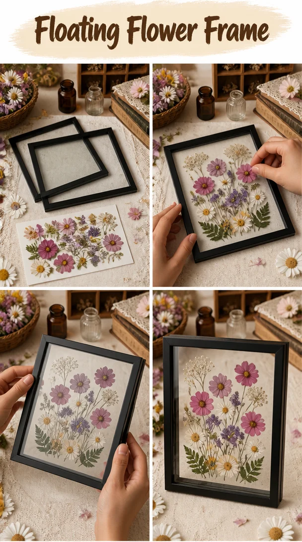 Elegant floating flower frame showcasing vibrant blooms in a decorative setting.
