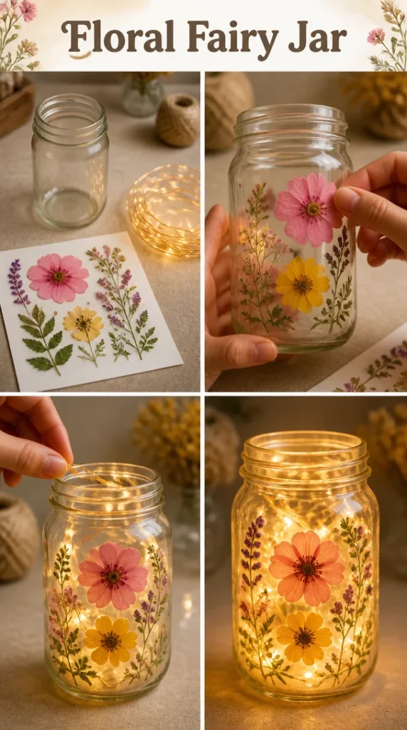 Whimsical Floral Fairy Jar with vibrant flowers and whimsical decor